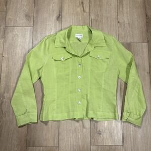 Allison Taylor Women's 100% Linen Button-Up Shirt Large Green Roll Tab Solid